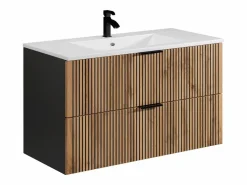 Mueble suspendido estriado y lavabo encastrado + columna efecto madera y negro, 100 cm, MADELA^Vente-unique Sale
