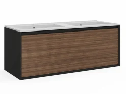 Vente-unique Mueble suspendido estriado con lavabo encastrado - Natural oscuro y negro - 120 cm - BANIVA Negro / Color natural oscuro Sale