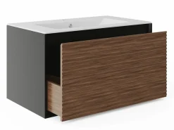 Vente-unique Mueble De Baño Simple|Mueble suspendido rayado con lavabo encastrado - Natural oscuro y negro - 80 cm - BANIVA