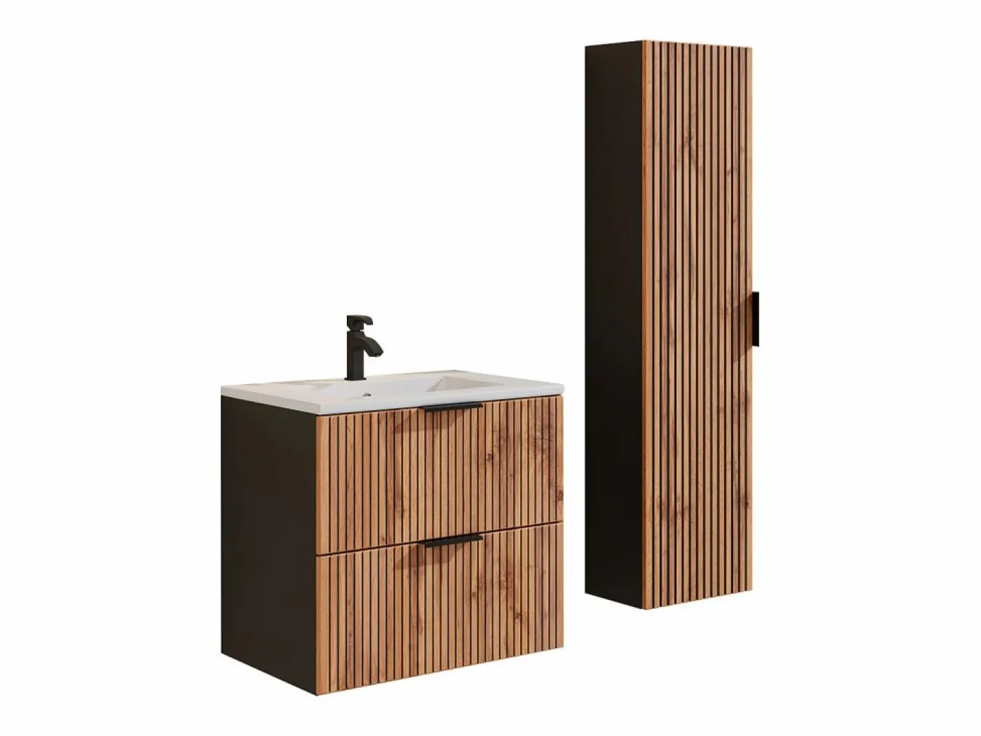 Mueble suspendido y lavabo + columna natural claro y negro, 60 cm, MADELA^Vente-unique Clearance