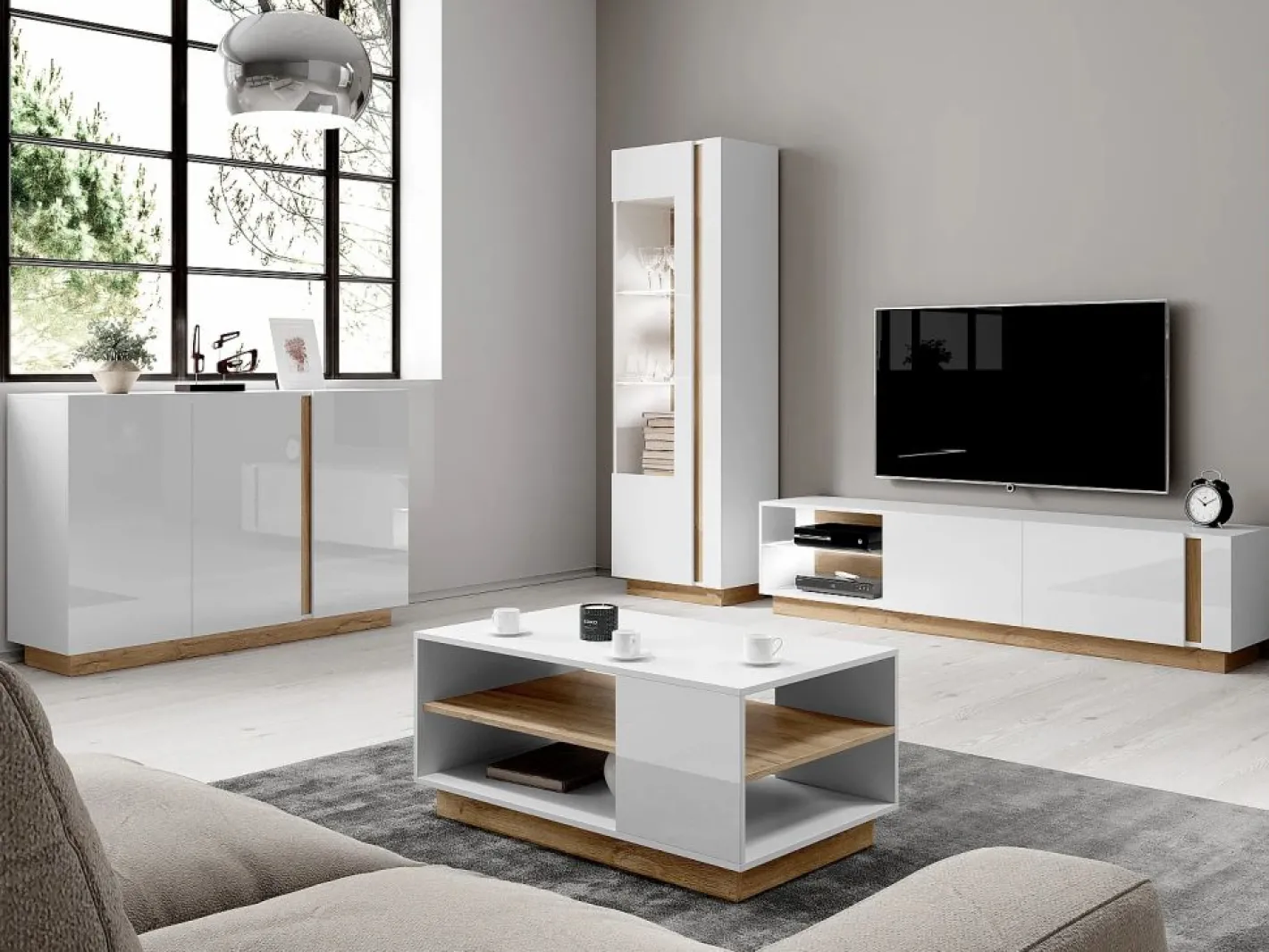Vente-unique Mueble Tv|Mueble TV - 2 puertas y 2 estantes - Con LEDs - Blanco brillante y roble - MURARI