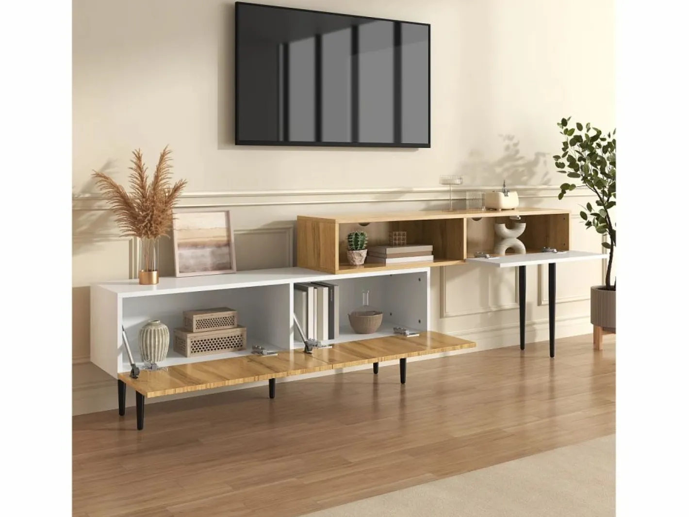 Mueble TV 220×30×63,4 cm - diseño en dos módulos - aspecto madera - blanco + natural^ModernLuxe Hot