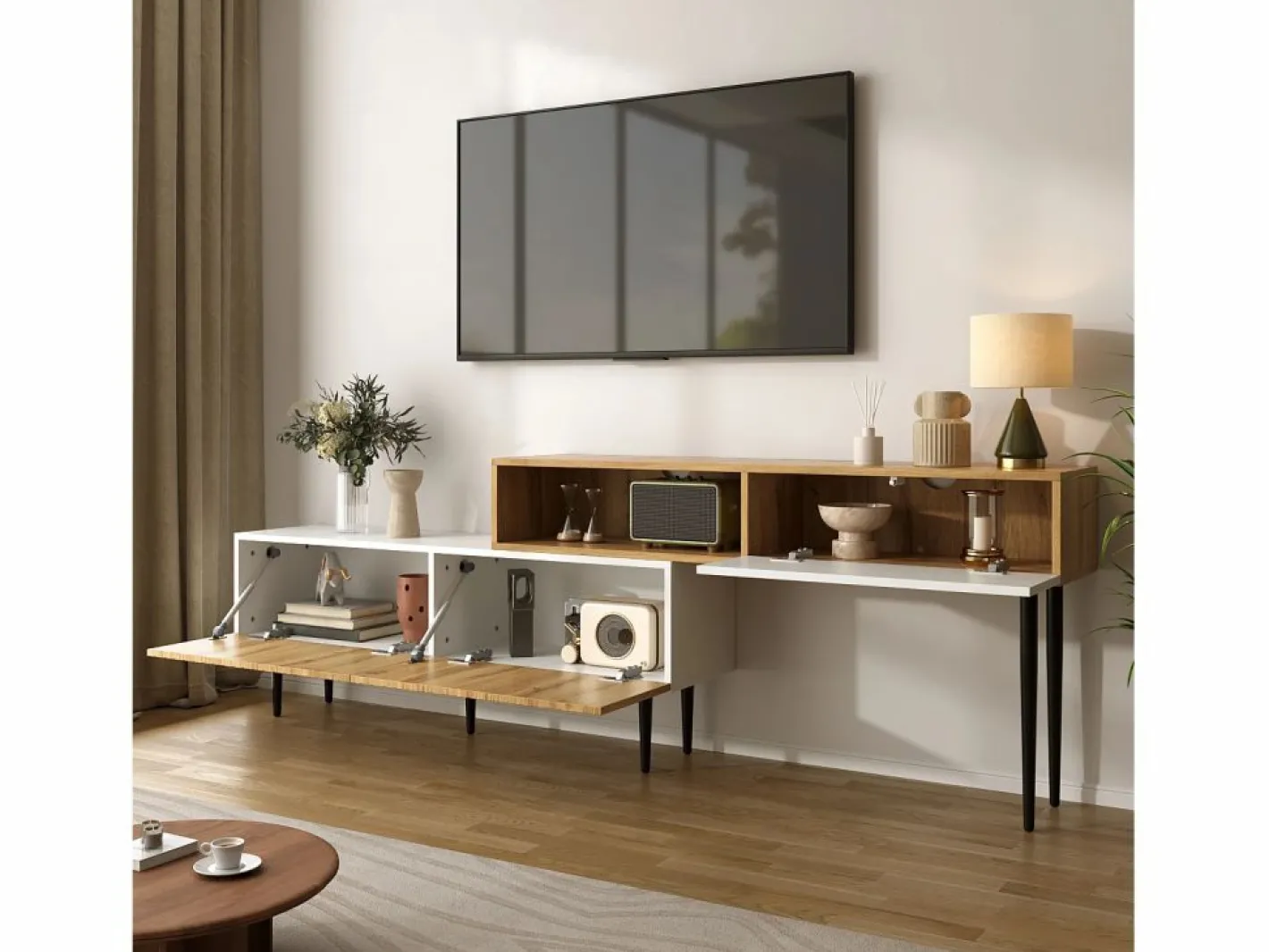 Mueble TV 220×30×63,4 cm - diseño en dos módulos - aspecto madera - blanco + natural^ModernLuxe Hot