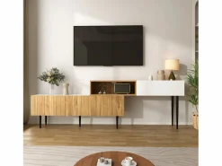 Mueble TV 220×30×63,4 cm - diseño en dos módulos - aspecto madera - blanco + natural^ModernLuxe Hot