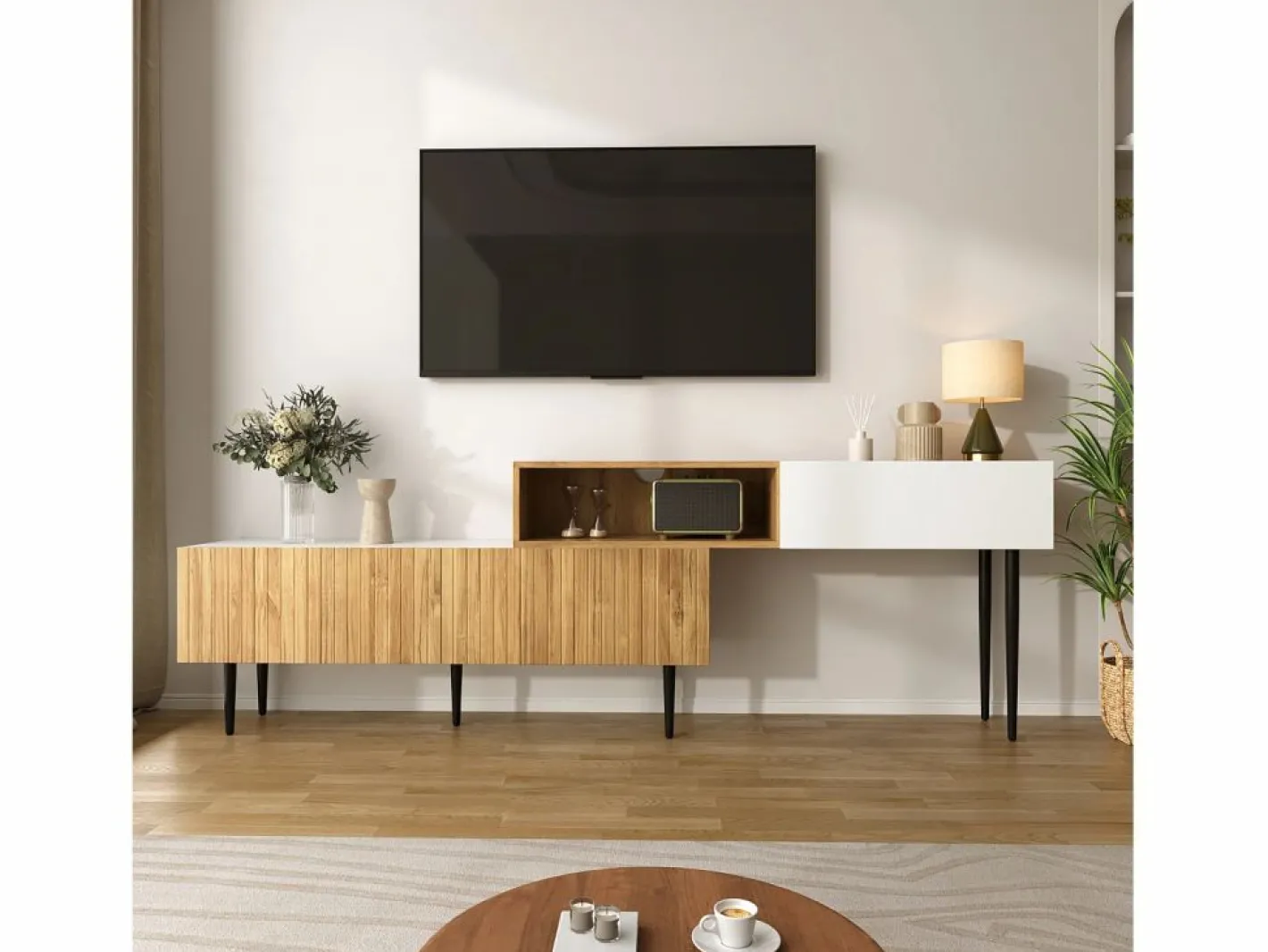 Mueble TV 220×30×63,4 cm - diseño en dos módulos - aspecto madera - blanco + natural^ModernLuxe Hot