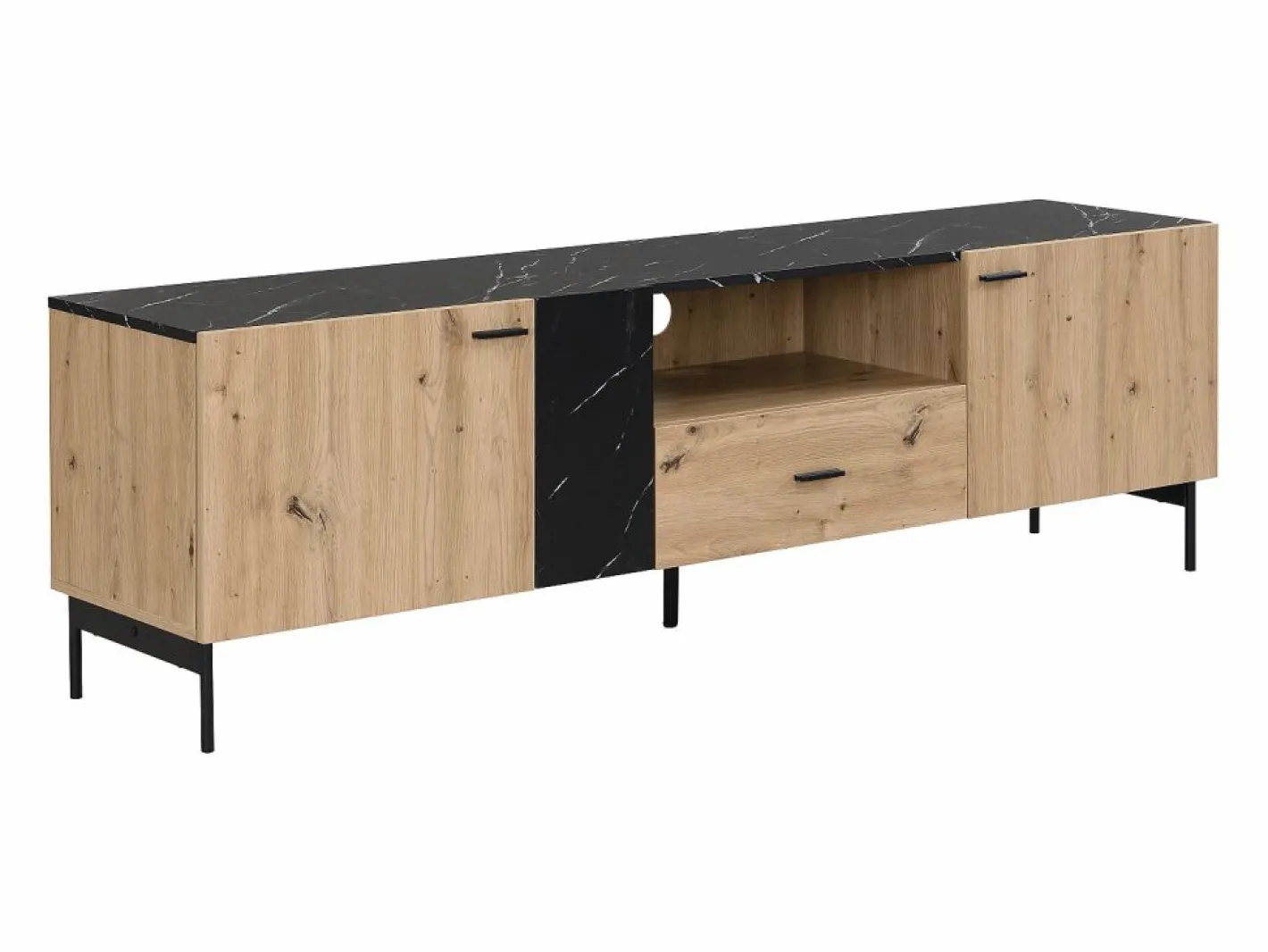 Vente-unique Mueble TV con 2 puertas, 1 cajón y 1 estante - Natural y efecto mármol negro - LIOMENA Negro / Color natural claro Outlet