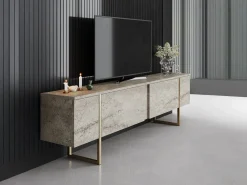 Vente-unique Mueble TV con 2 puertas - Efecto travertino y dorado - ZIRELDA Beige Clearance