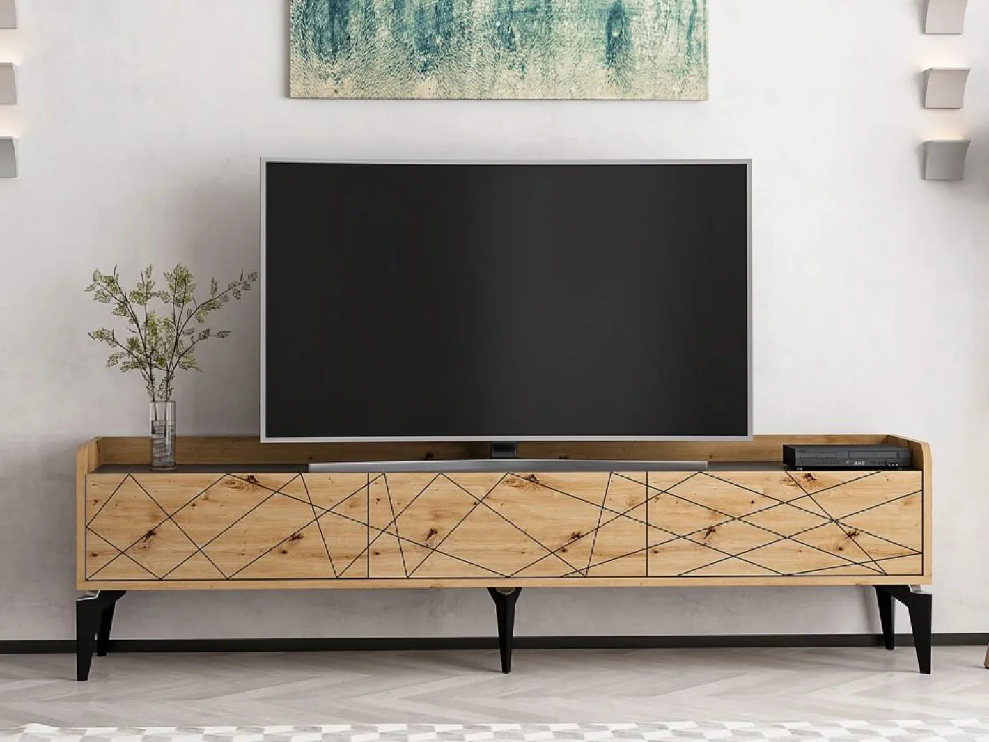 Vente-unique Mueble TV con 3 puertas - Natural y antracita - MONALIA Gris antracita / Color natural claro