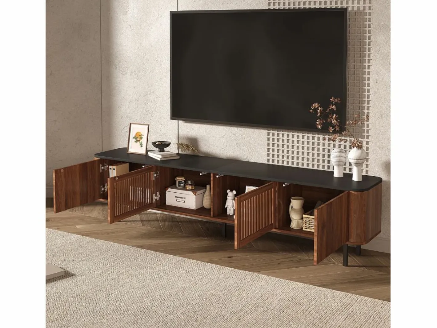 Mueble TV con 4 puertas, 190 x 35 x 45 cm - Tapa negra - Color madera oscura^Hauss Spole Clearance