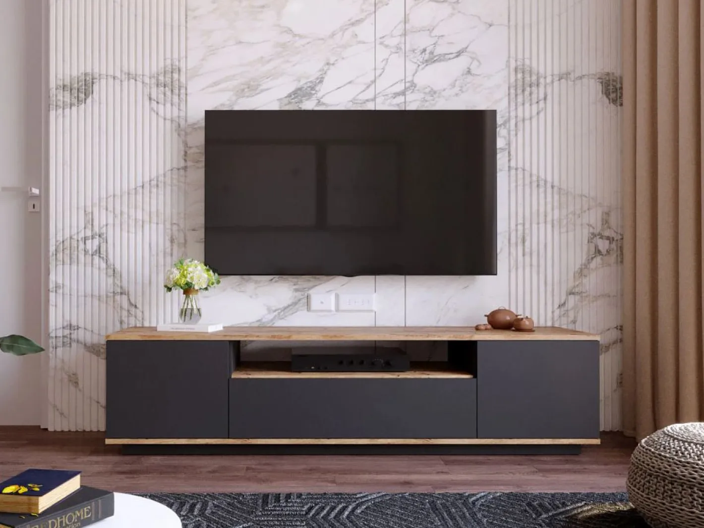 Mueble TV con 3 puertas y 1 hueco - Antracita y natural - LOTULA^Vente-unique Outlet