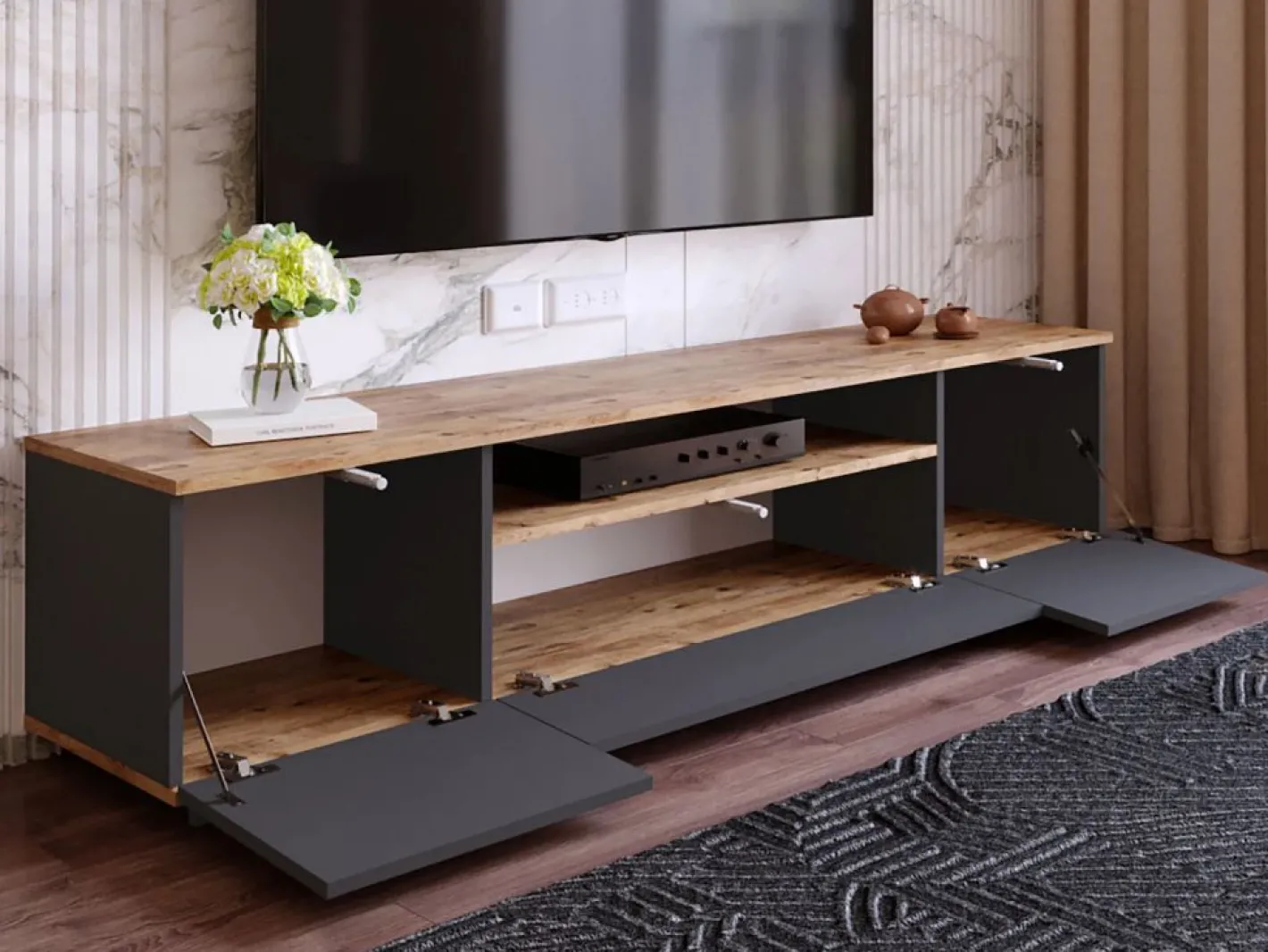 Mueble TV con 3 puertas y 1 hueco - Antracita y natural - LOTULA^Vente-unique Outlet