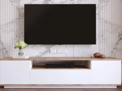 Vente-unique Mueble TV con 3 puertas y 1 hueco - Blanco y natural - LOTULA Color natural claro / Blanco Clearance