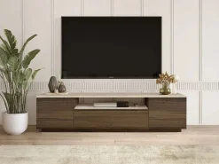 Vente-unique Mueble Tv|Mueble TV con 3 puertas y 1 hueco - Marrón natural oscuro y efecto travertino beige - LOTULA