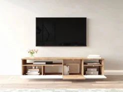 Vente-unique Mueble TV con 4 puertas y 2 estantes - Natural claro y blanco - CEDONA Color natural claro / Blanco Best