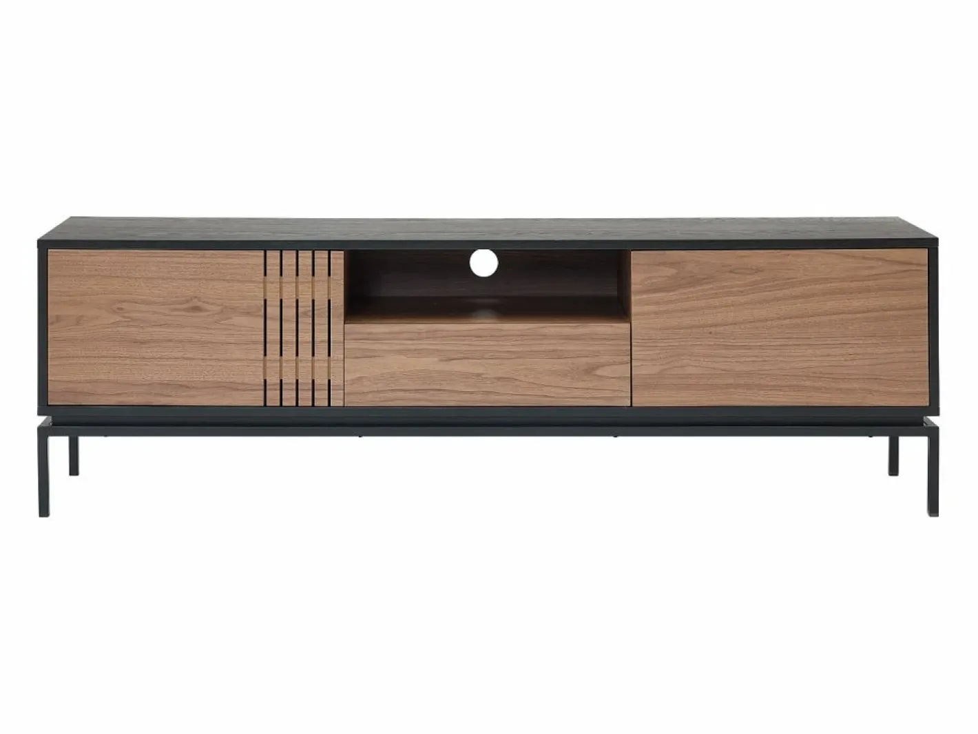 Vente-unique Mueble TV con almacenamiento chapa de nogal y metal - Natural oscuro y Negro - ZINORI Negro / Color natural oscuro Online