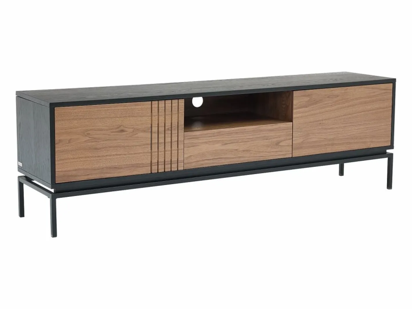 Vente-unique Mueble TV con almacenamiento chapa de nogal y metal - Natural oscuro y Negro - ZINORI Negro / Color natural oscuro Online