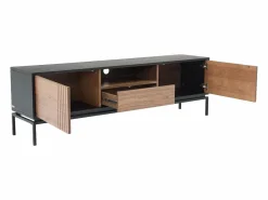Vente-unique Mueble TV con almacenamiento chapa de nogal y metal - Natural oscuro y Negro - ZINORI Negro / Color natural oscuro Online