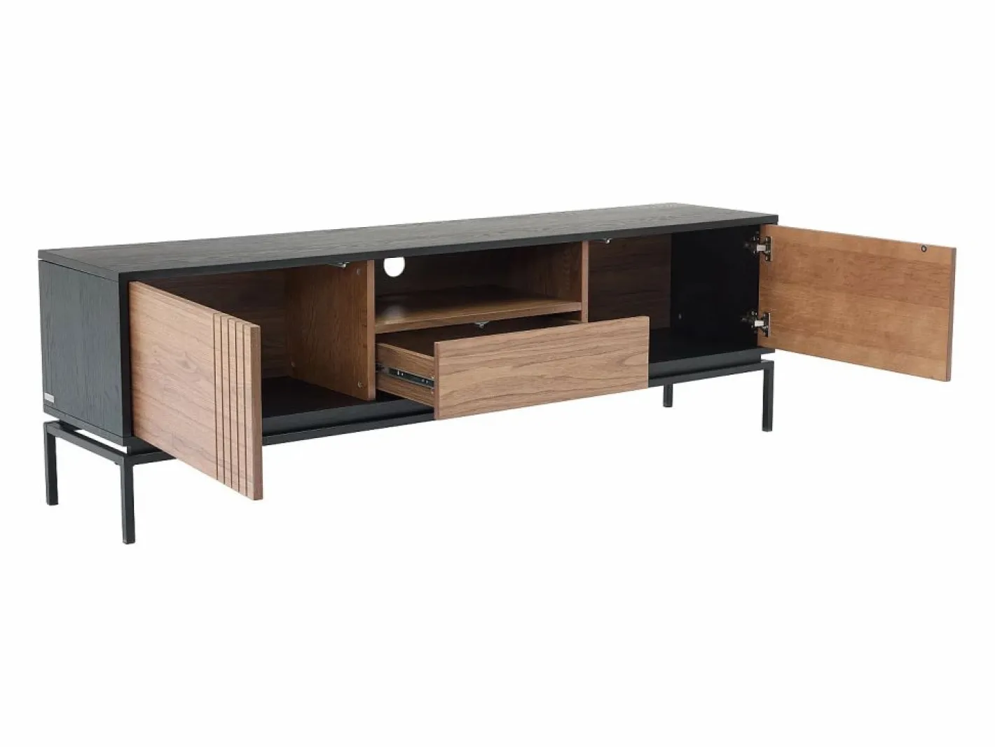 Vente-unique Mueble TV con almacenamiento chapa de nogal y metal - Natural oscuro y Negro - ZINORI Negro / Color natural oscuro Online