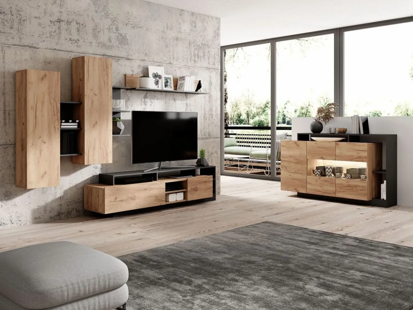Mueble TV con compartimentos - Color natural y antracita - IDESIA^Vente-unique Sale
