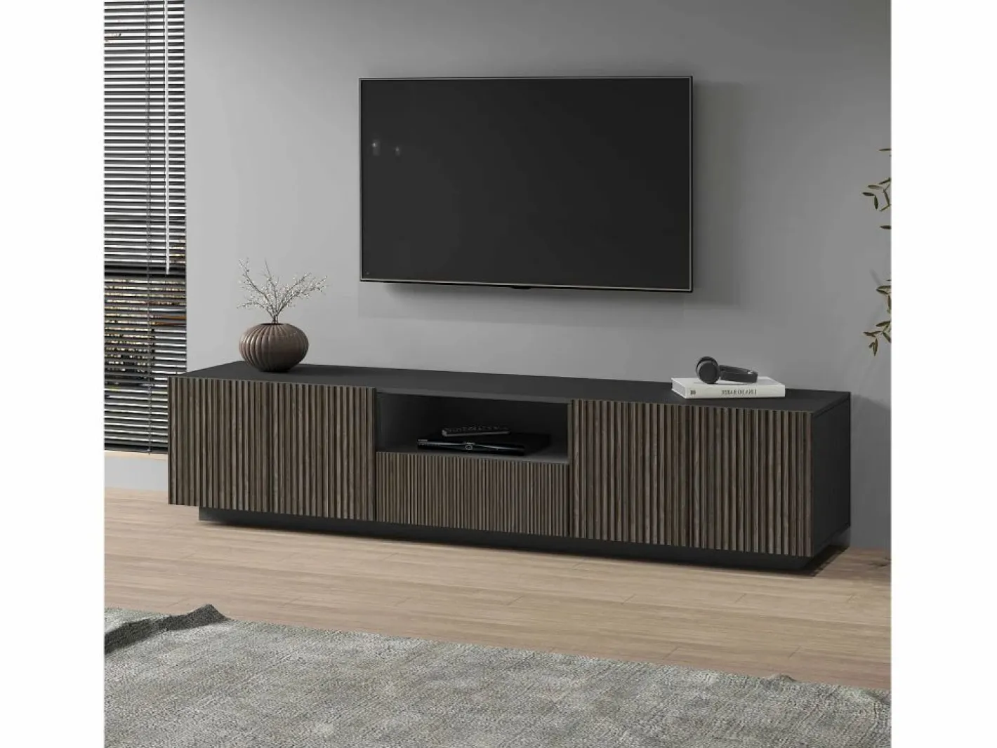 Mueble Tv|Mueble TV Coste con 4 puertas, 1 cajón y 1 compartimento, antracita/madera oscura, 220,1 x 43 x 46 cm