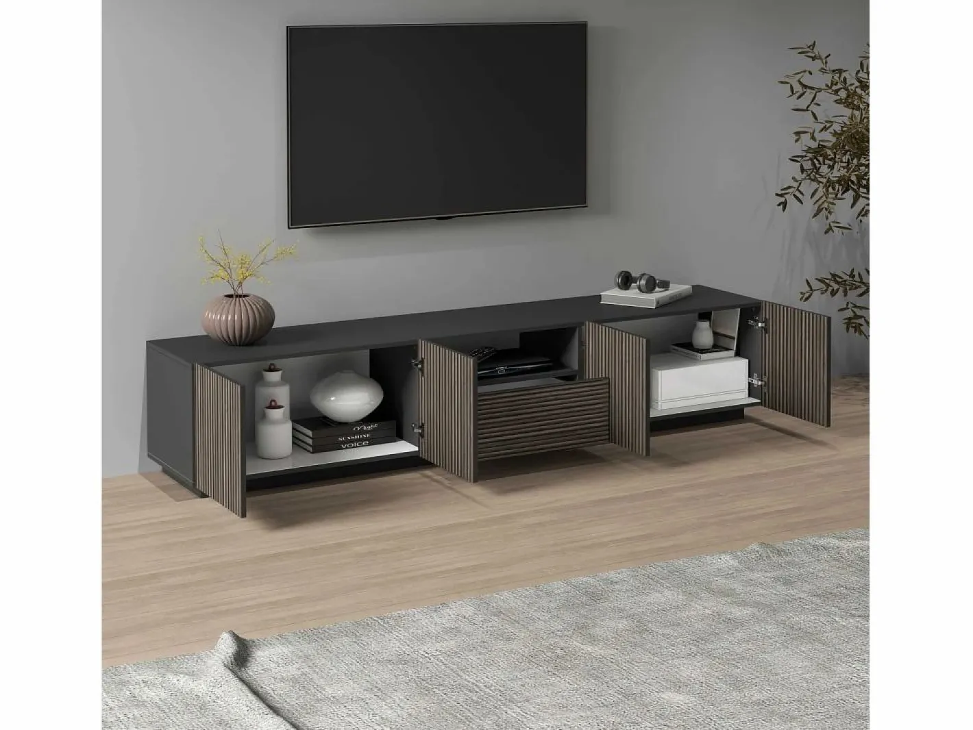 Mueble Tv|Mueble TV Coste con 4 puertas, 1 cajón y 1 compartimento, antracita/madera oscura, 220,1 x 43 x 46 cm