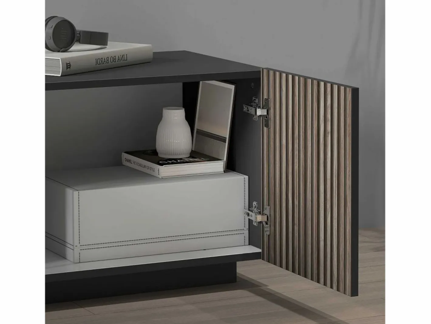 Mueble Tv|Mueble TV Coste con 4 puertas, 1 cajón y 1 compartimento, antracita/madera oscura, 220,1 x 43 x 46 cm
