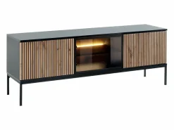 Vente-unique Mueble Tv|Mueble TV de 3 puertas con LEDs de MDF y vidrio ahumado - Natural claro y Negro - OVILA