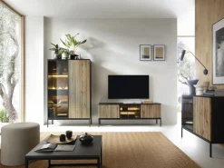 Vente-unique Mueble Tv|Mueble TV de 3 puertas con LEDs de MDF y vidrio ahumado - Natural claro y Negro - OVILA