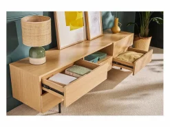 Miliboo Mueble TV de diseño con armarios de madera de roble claro y metal negro 180 cm ALASKA Beige Best