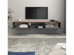 Mueble Tv|Mueble TV Garda con 2 puertas y 1 estante central, color antracita mate y roble, 210 x 35 x 30 cm