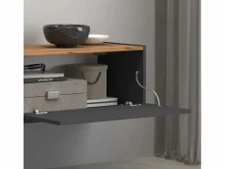 Mueble Tv|Mueble TV Garda con 2 puertas y 1 estante central, color antracita mate y roble, 210 x 35 x 30 cm