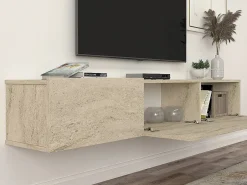 Vente-unique Mueble TV suspendido con 3 puertas - Efecto travertino - VIKILA Beige Outlet