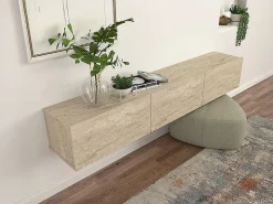 Vente-unique Mueble TV suspendido con 3 puertas - Efecto travertino - VIKILA Beige Outlet