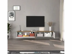 Mueble Tv|Mueble TV suspendido Iseo con 2 puertas y 1 puerta abatible brillo y roble 200x35x30 cm