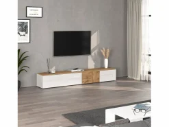 Mueble Tv|Mueble TV suspendido Iseo con 2 puertas y 1 puerta abatible brillo y roble 200x35x30 cm
