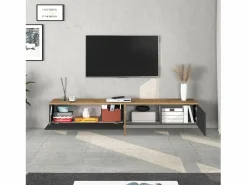 Mueble TV suspendido Iseo con 2 puertas y 1 puerta abatible, color antracita mate y roble, 200 x 35 x 30 cm Gris antracita Sale