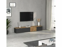Mueble TV suspendido Iseo con 2 puertas y 1 puerta abatible, color antracita mate y roble, 200 x 35 x 30 cm Gris antracita Sale