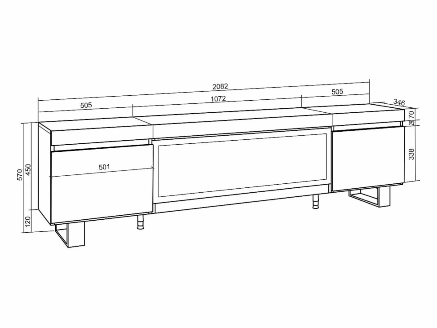 Skraut Home Mueble Tv|Mueble TV, Televisión, 208x35x57cm, Para TV hasta 80", Chimenea eléctrica XXL, Diseño industrial, Roble