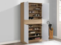 Mueble zapatero con 4 puertas y 1 cajón - Blanco y Natural - COVIANA^Vente-unique Clearance