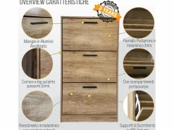 Mueble zapatero de madera de roble 63x24x115cm, 3 puertas plegables, doble fondo, para entrada, muebles bajos - ZIK^ Outlet