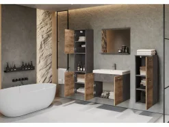 Muebles de baño, conjunto colgante con lavabo, espejo y 2 columnas, cuerpo matera frentes castaño mate Multicolor Best