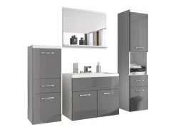 Conjunto De Baño|Muebles de baño modernos, conjunto suspendido con lavabo, espejo y columnas, cuerpo mate / frentes gris brillo