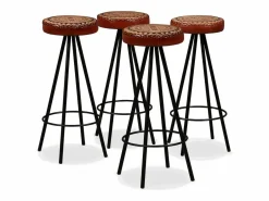 vidaxl Muebles de bar 9 pzas madera maciza reciclada cuero real lona Marru00f3n Discount