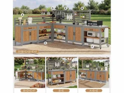Merax Muebles de jardín móviles - 403,8 x 134,4 x 148,5 cm - con fregadero + grifo + cajones + puertas - madera - natural Color natural claro Clearance