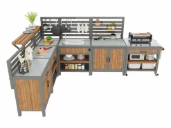 Merax Muebles de jardín móviles - 403,8 x 134,4 x 148,5 cm - con fregadero + grifo + cajones + puertas - madera - natural Color natural claro Clearance