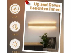 - Lámpara de pared LED de madera para interiores (100 cm, 36 W, luz indirecta, arriba y abajo, blanco cálido de 3000 K)^NETTLIFE Clearance