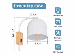 Aplique de madera con interruptor - Foco de pared de 1 llama E27 Lámpara de pasillo blanca 330°, Sin bombilla^NETTLIFE Outlet
