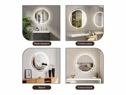 NETTLIFE Espejo de baño con luz LED - Redondo 50 cm LED, mural, interruptor táctil, antineblina, IP44, ajustable 3000K-6500K Transparente Clearance