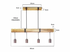 Lámpara colgante 4 bombillas E27 Diam.80cm retro con viga de madera Vintage para comedor cocina máx.25W^NETTLIFE