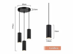 NETTLIFE Lámpara colgante de metal Diam.20 cm GU10 3 llamas mesa de salón lámpara industrial moderna para interior cocina Negro